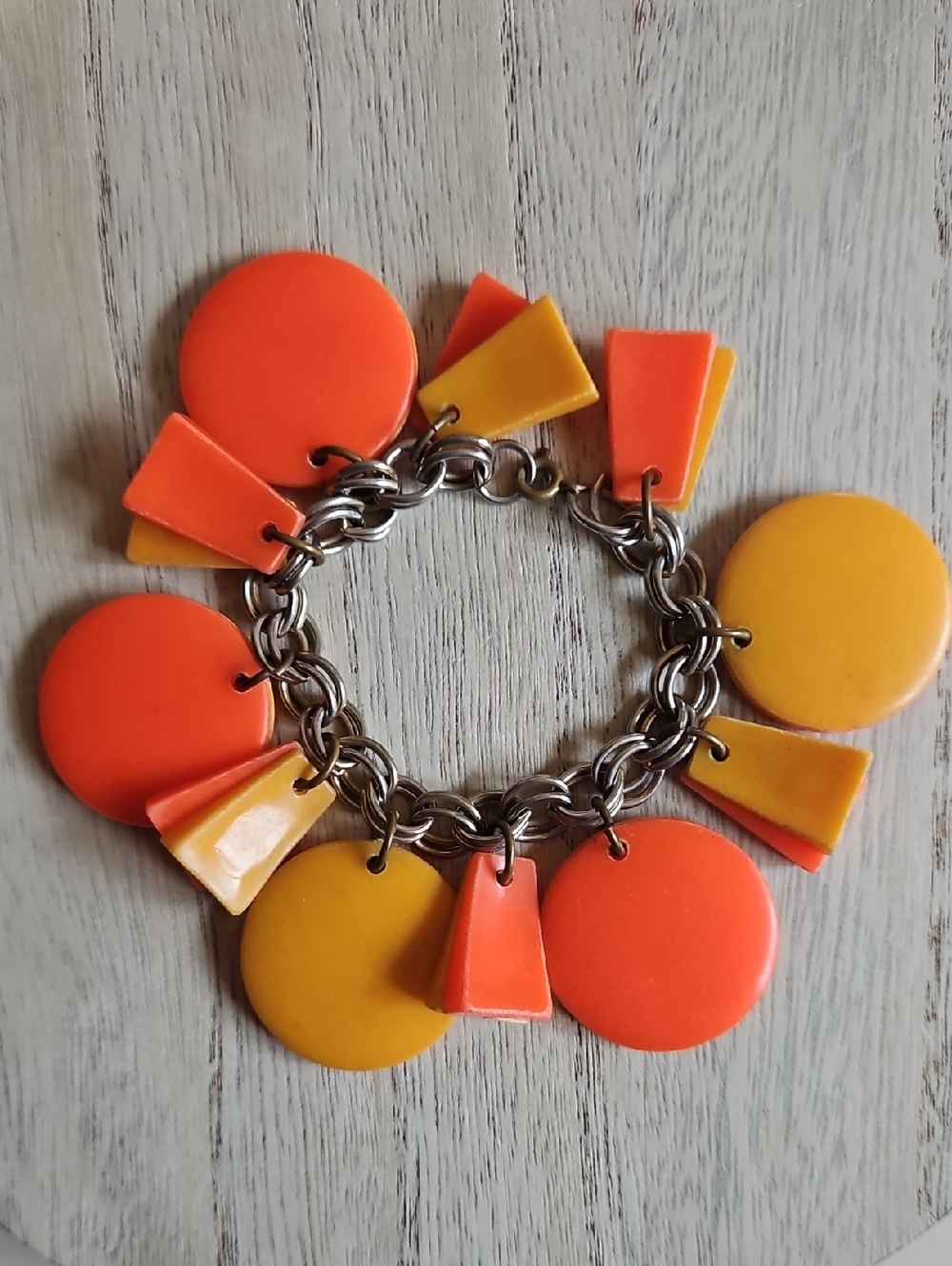 Vintage Orange and red geometric shapes gold tone charm bracelet Retro 50s 60s